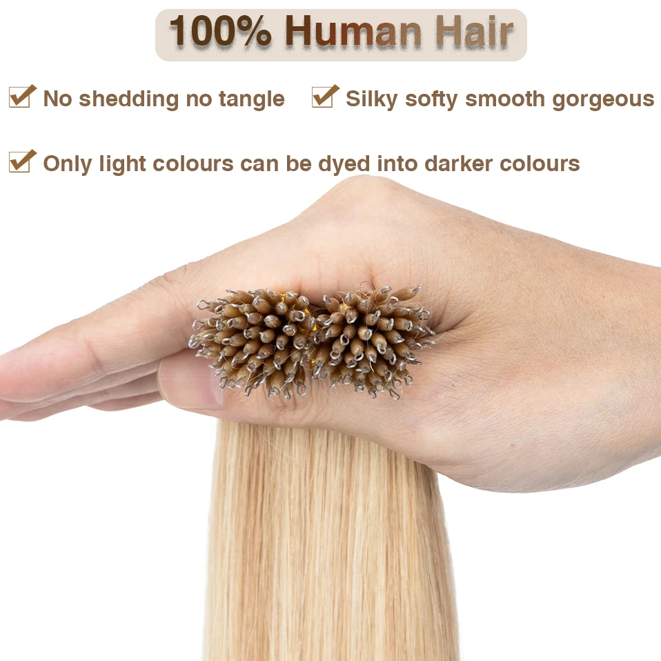 S-noilite Human Hair Micro Links ต่อผม 0.7g/strand NANO แหวน 50pcs NANO ลูกปัด Prebonded 18-24 นิ้วตรงผมสีบลอนด์