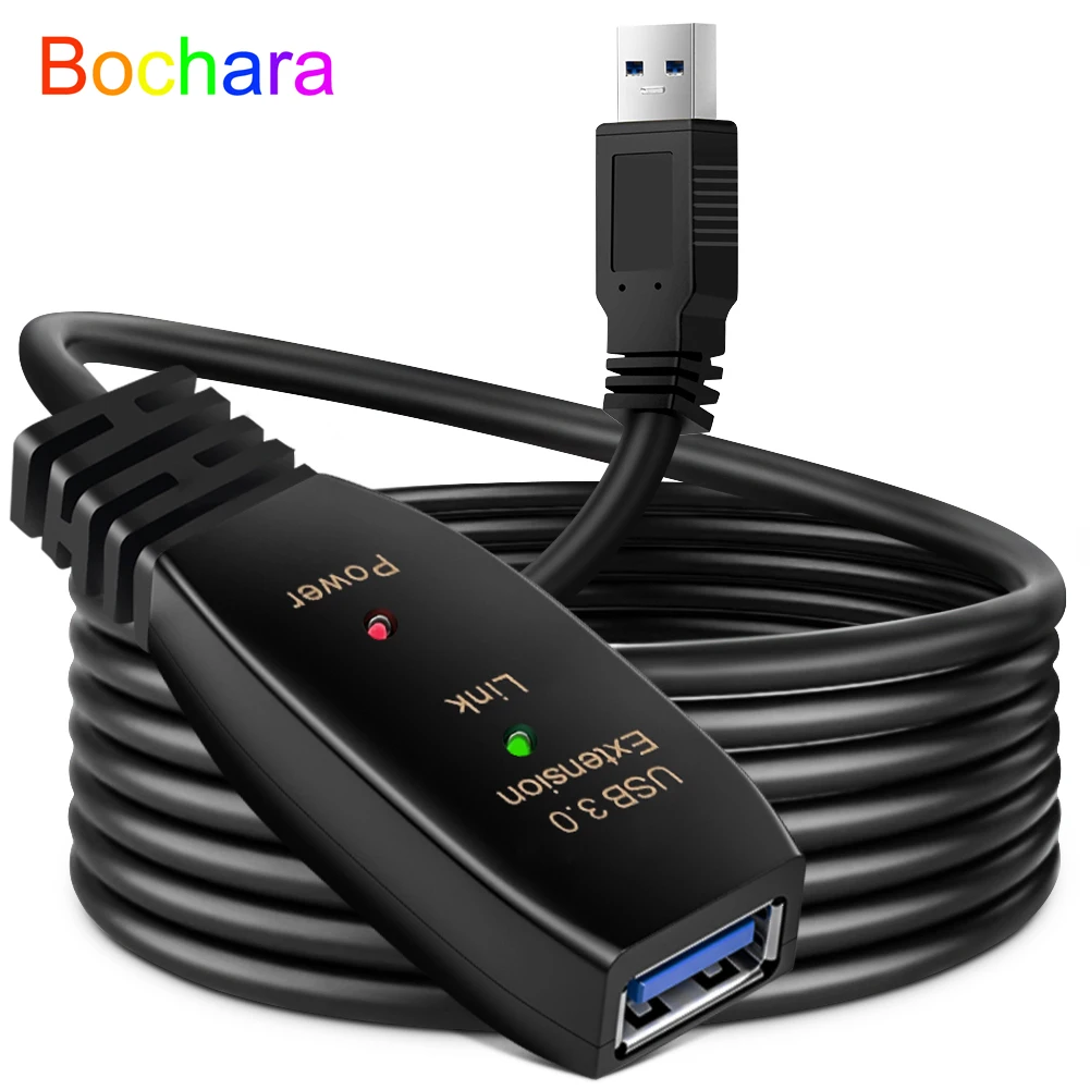 

Удлинительный кабель Bochara USB 3.0 «папа-мама» OD5,5 мм, активный повторитель, встроенный набор микросхем, фольга + плетеный двойной экранированный