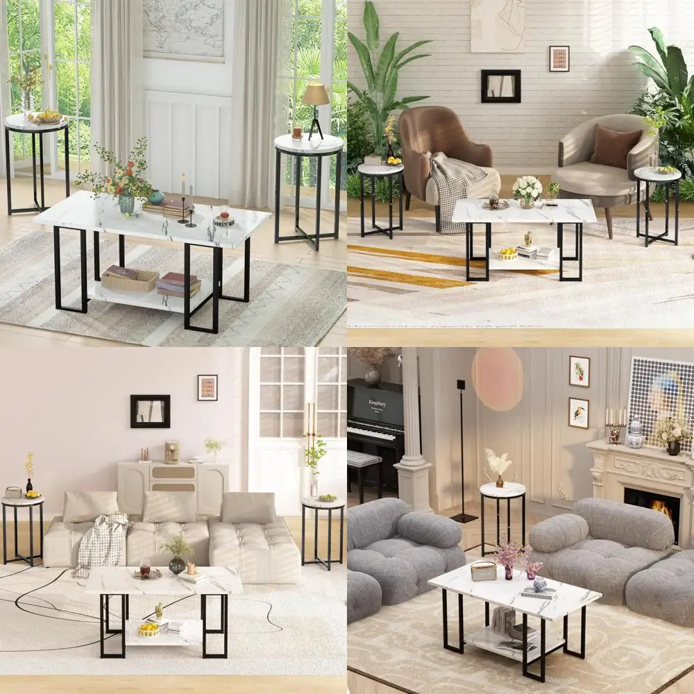 Faux Marble Living Room Table Set with 3 Pieces: Coffee Table and 2 Side Tables, Metal Frame Accent