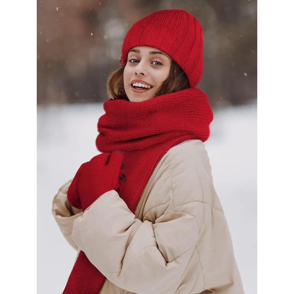 الشتاء قبعة قبعة وشاح قفازات، الدافئة الصوف متماسكة قبعة وشاح طويل الرقبة أدفأ شاشة تعمل باللمس قفازات الشتاء مجموعة هدايا للنساء