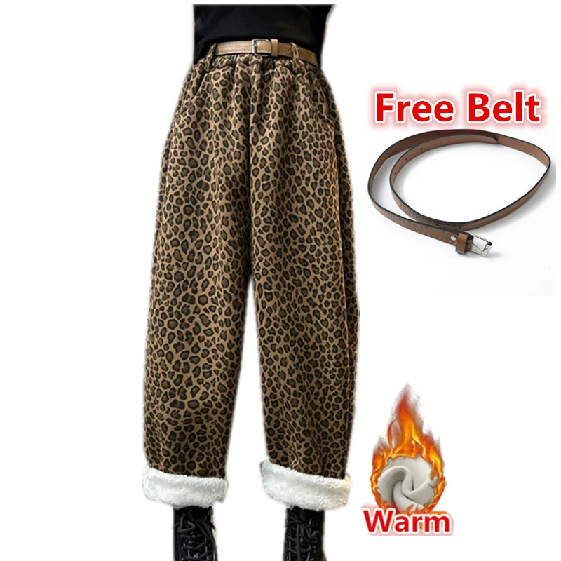 

Kids Winter Leopard Print Fleece-Lined Pants For Girls High Street Warm Thermal Trousers With Belt For Child Teenagers Age 5-14Y