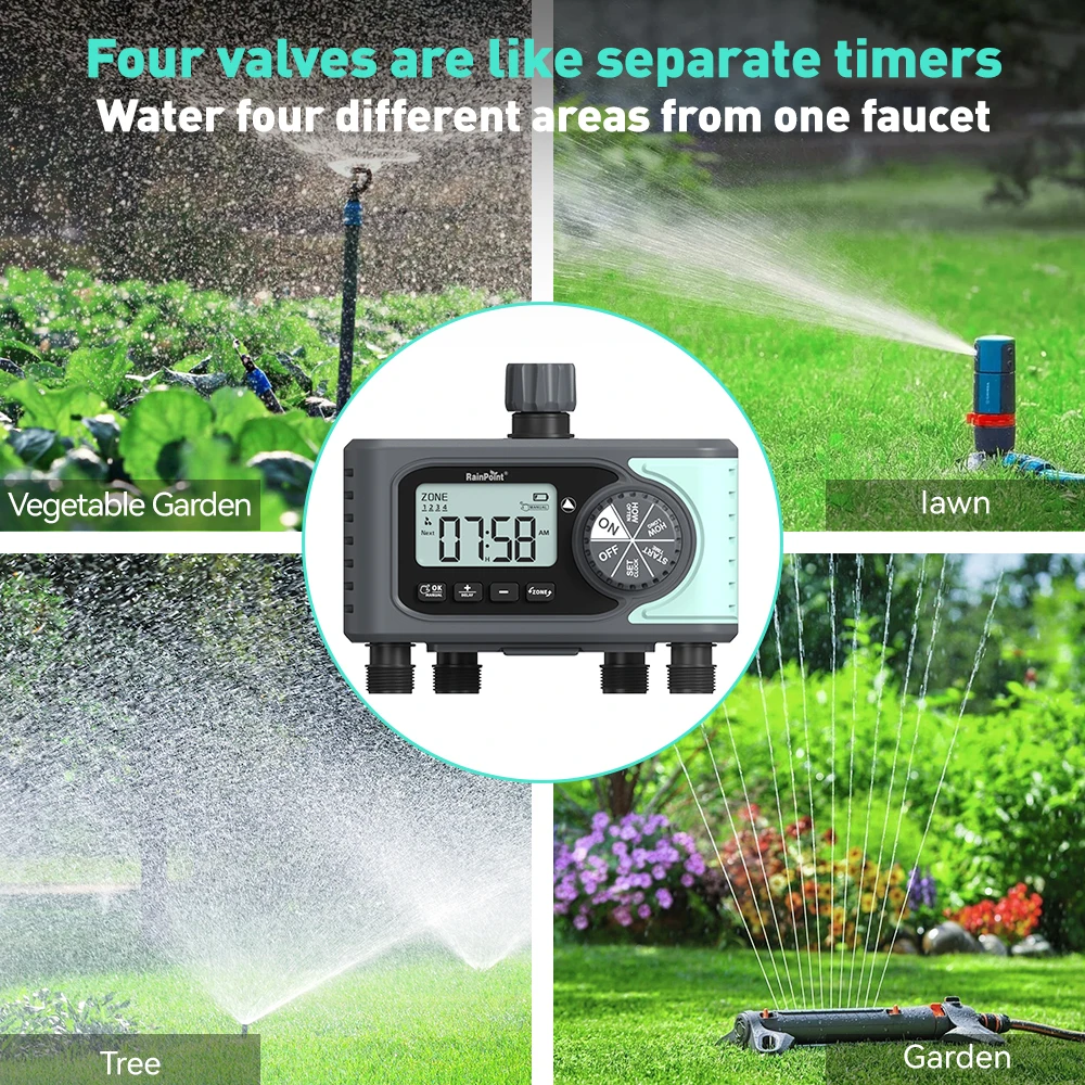 4 Zones Sprinkler Timer Programmable Water Timer for Garden Hose Outdoor Hose Timer with Rain Delay Manual Watering System