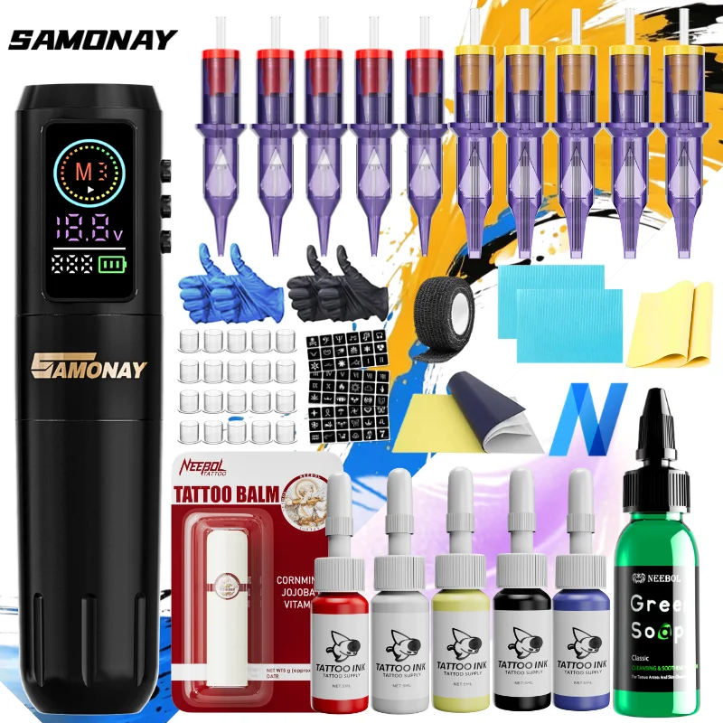 SAMONAY Wireless Tattoo Pen, Tattoo Machine Kit Complete Gift Sold Separately, Digital LED Color Display, 4 Memory Modes, 10 Needles, Portable Design, Tattoo Inks, Cordless Tattoo Gun Equipment for Beginners & Artists, Body Art Makeup Gift