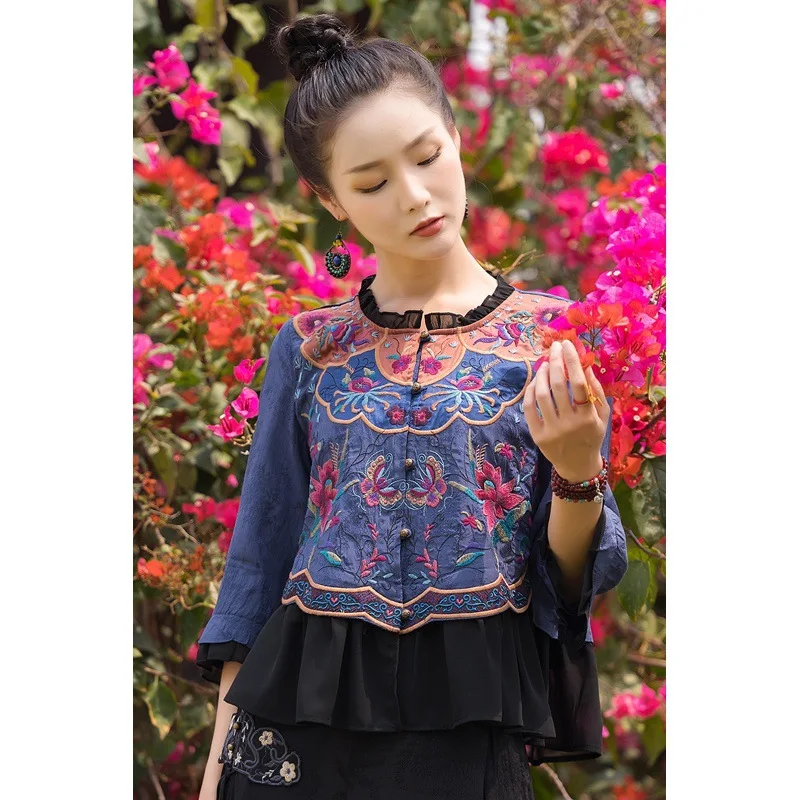 2023 chinese traditional hanfu tops women round neck delicate embroidery tops vintage all match hanfu tops ethnic style tops