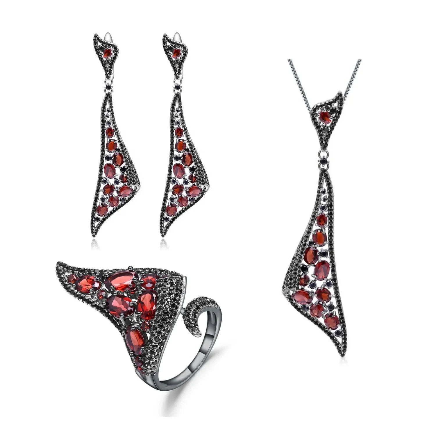 Abiding Special Design 925 Sterling Silver Gemstone Black Cz Real Red Garnet Jewelry Set For Women