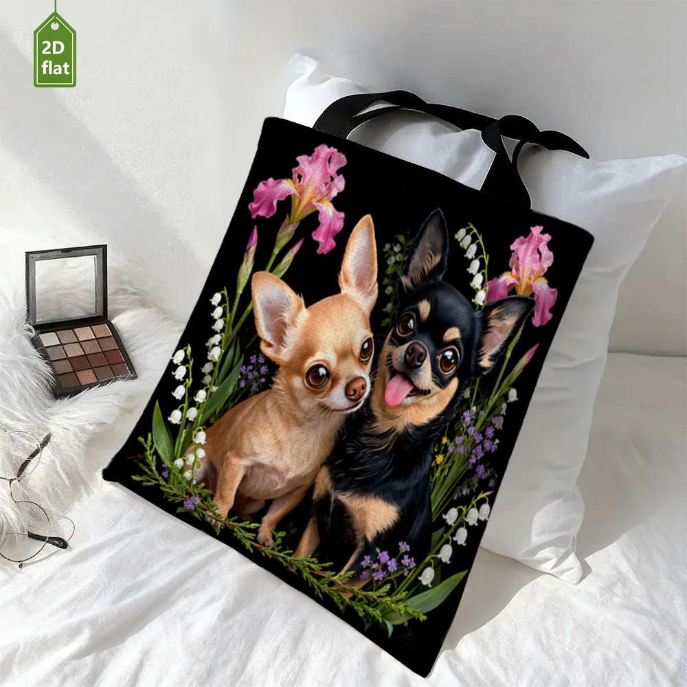 1pc Two Cute Chihuahuas with Flowers Double-Sided Printing Handbag Durable Rectangular Tote Bag Foldable