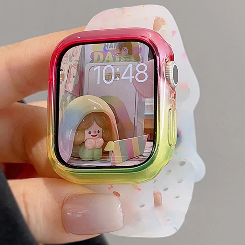 Cute Jelly Color Dot Hole Silicone Strap For Apple Watch 49 45 44 42 41 40 38MM Gradient Case Set For iWatch 9 8 7 6 5 SE Ultra2