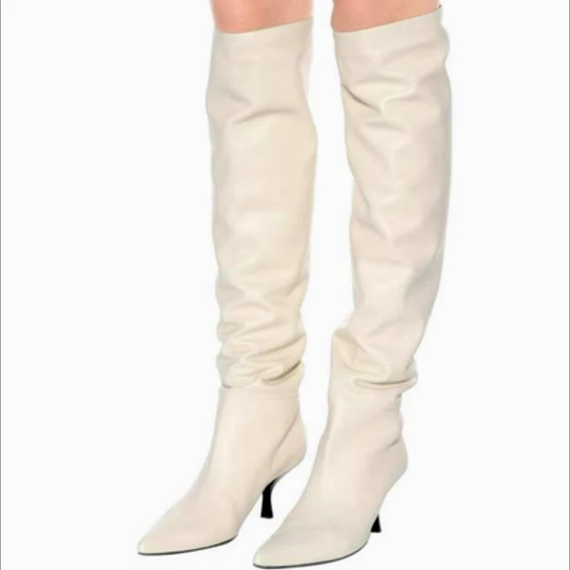 Designer Curve Cat heels Knee Boots Beige black Cow leather pointed toe Woman Stretch Slip on Knight Boots Shoes