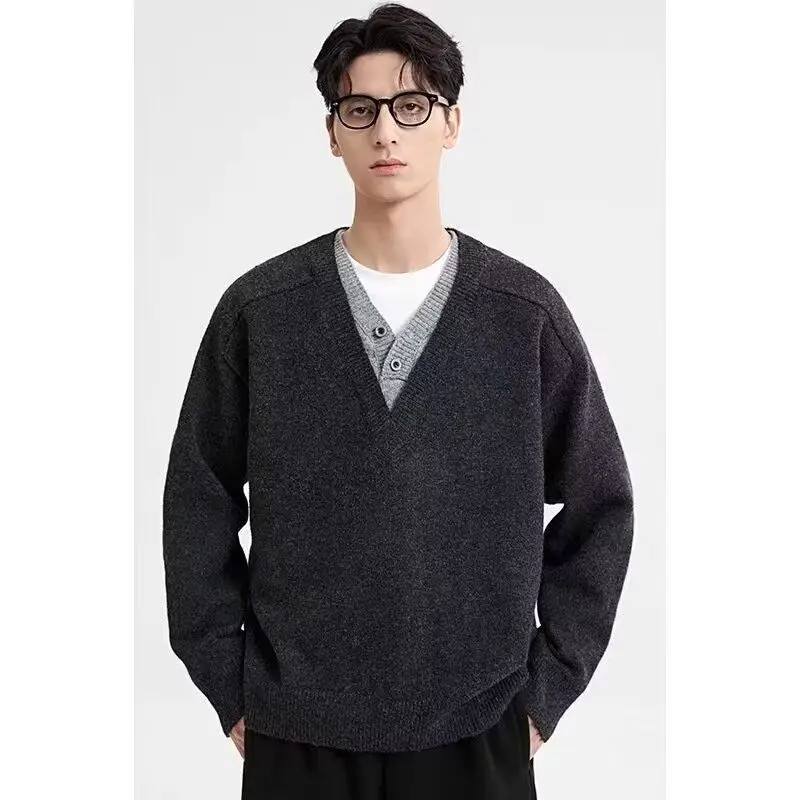 

Retro Japanese Sle Long Sve Loose V-Ne T-irt Color Blo Trendy Brand Men's Autumn Winter Faion Casual Knitted Swe...