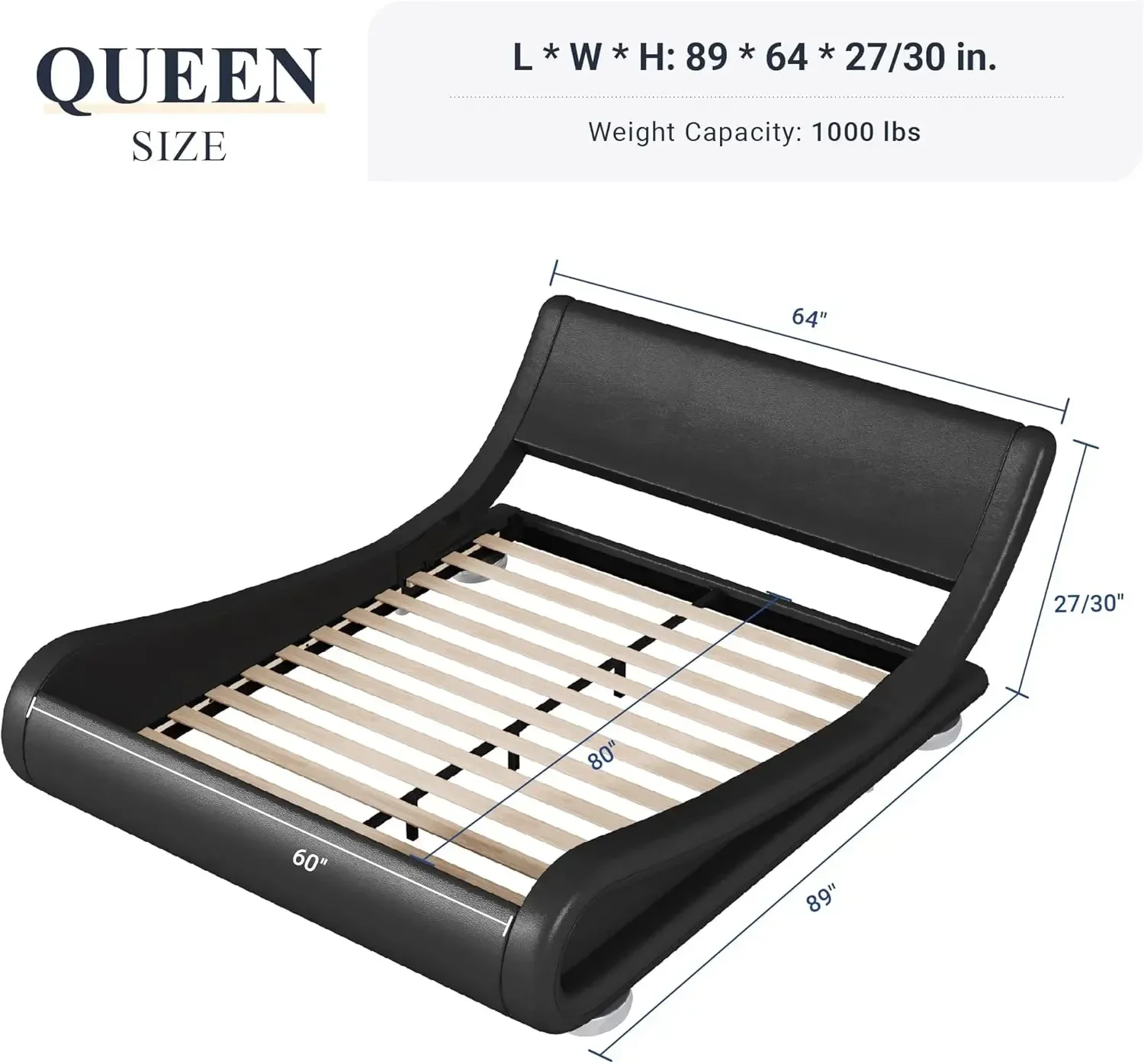 Queen Size Bed Frame with Ergonomic & Adjustable Headboard, Low Profile Modern Upholstered Platform Sleigh Design , Black