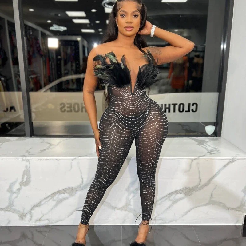 

Sexy Black Rhinestones Jumpsuit for Woman Luxury Evening Party Nightclub Romper Feathers Strapless Mesh See Through Overalls