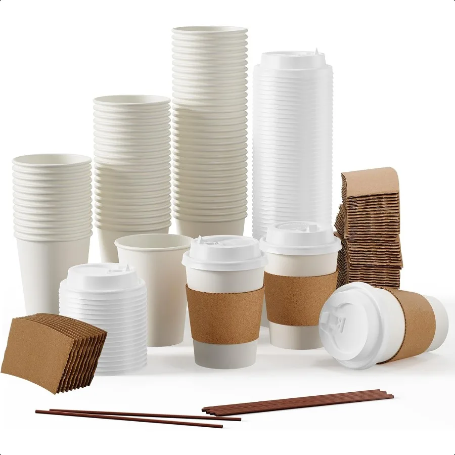 

[50 Pack] 12 oz Paper Coffee Cups Paper Coffee Cup with Lids Sleeves and Stirrers Hot Cold Beverage Drinking Cup for Water Jui