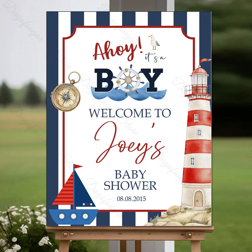 Ahoy It's A Boy Welcome Sign Mosaic Board Customized Ahoy Baby Shower Welcome Sign Board Nautical Themed Birthday Party Decor