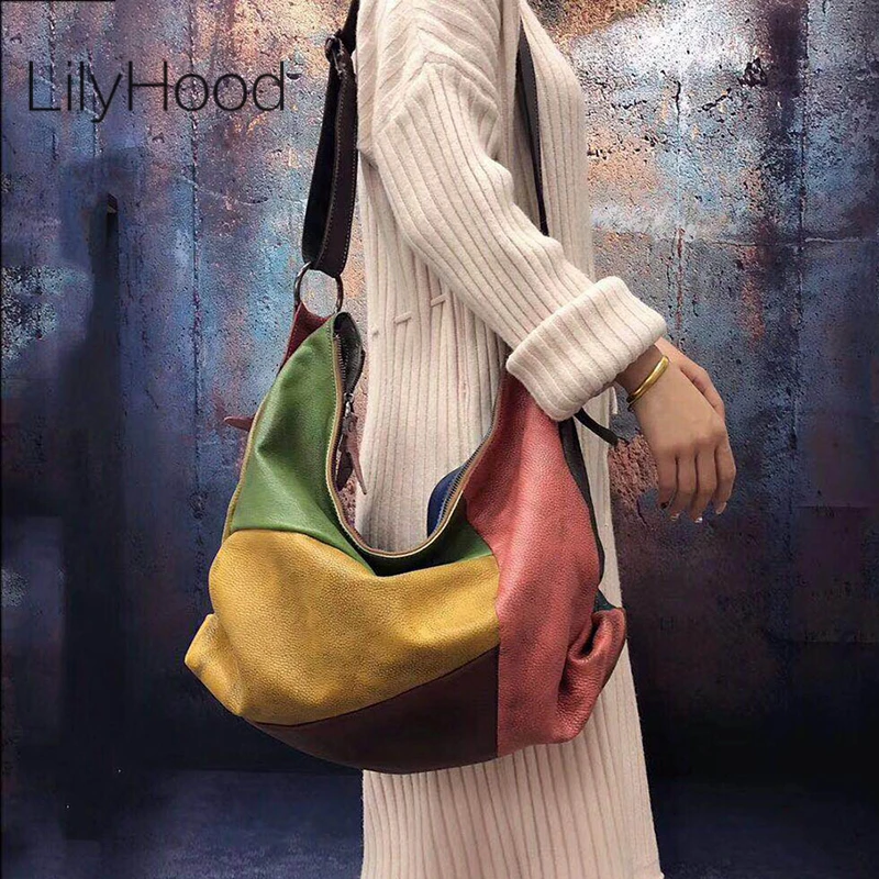 Ponadgabarytowych kobiet prawdziwej skóry Patchwork Hobo Slouchy torba na ramię Vintage duża pojemność noc Weekender pracy torba na laptopa