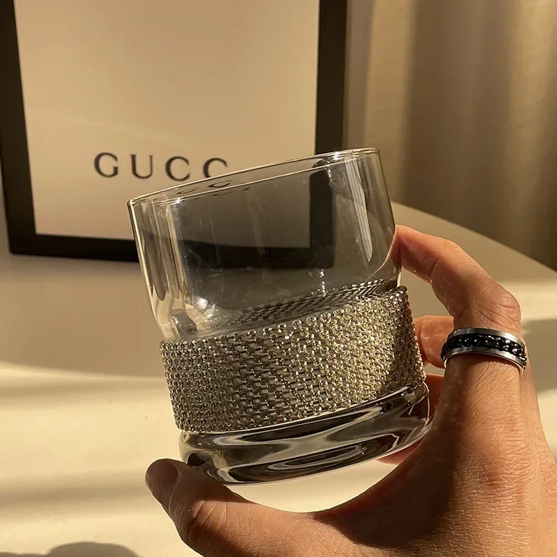 Diamond Studded Glass Water Cup High-end Style Couple Drinking Glasses Cup Diamond Wrapped Glass Cup Kitchen Household Items