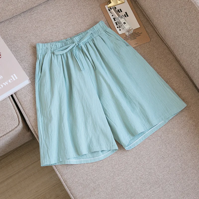 Women's Shorts High Waist Cotton Two Pocket Casual Summer Wear - Pea Green