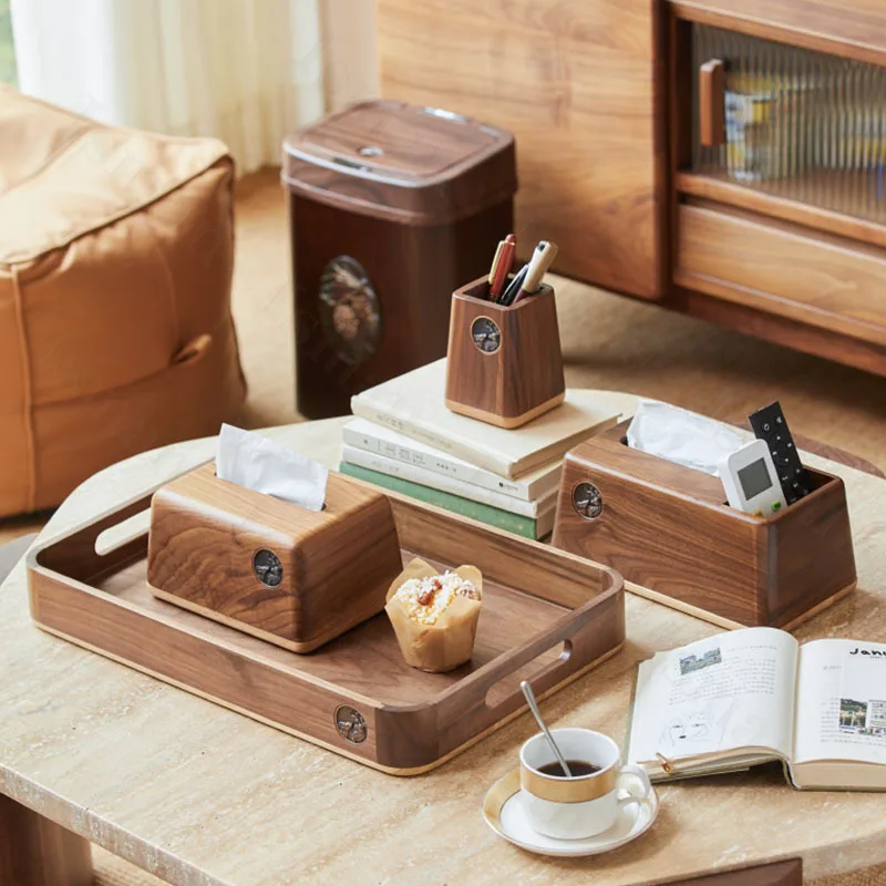 Black Walnut Wood Tissue Box Cover Creative Living Room Decoration Desktop Storage Paper Towel Holder Divided Storage Boxes Tray