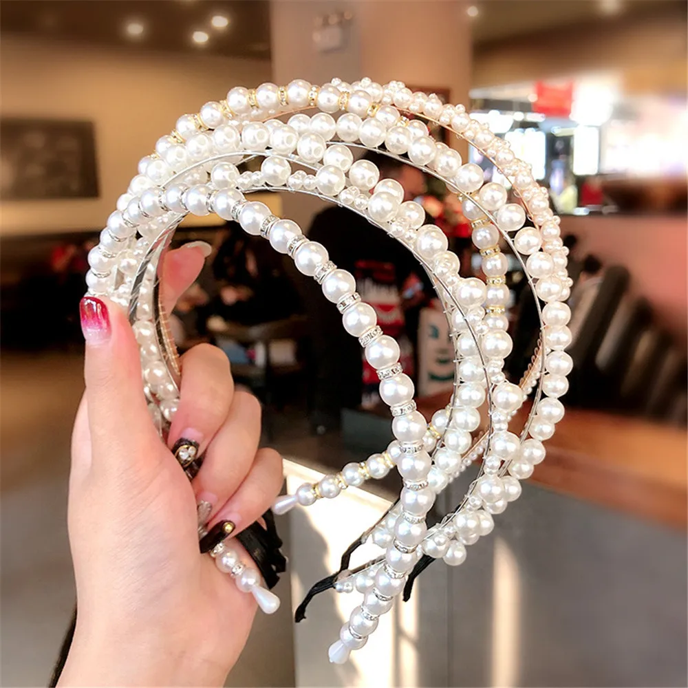 Diadema de pelo de perlas de imitación blancas para mujeres y niñas, diademas nupciales de perlas completas, accesorios para el cabello de boda,