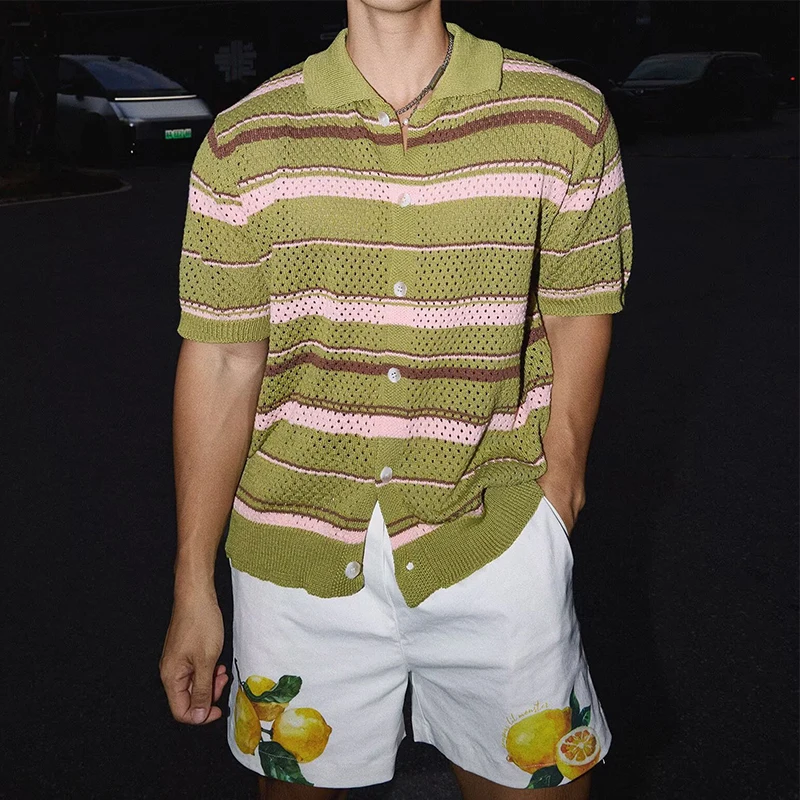 Fashionable Mens Striped Knit Shirts 2026 Summer New Casual Hollow Out Button-up Shirt Tops Men Leisure Short Sleeve Shirt