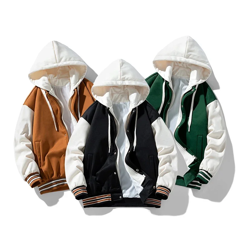 

New Men's Four Season Baseball Jacket Fashion Hooded Two Tone Coat Casual Couple Hoodie High Quality Patchwork Top