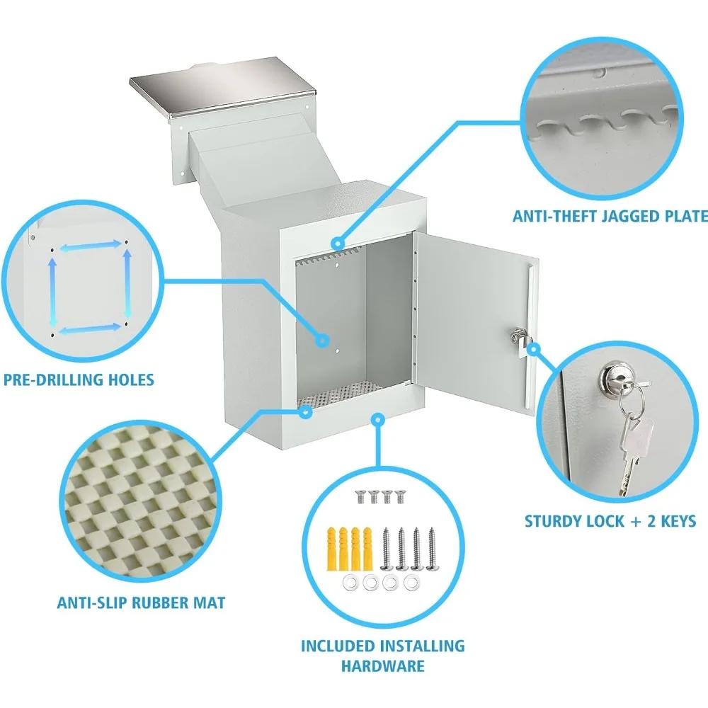 Pochar Through The Wall Drop Box مع قفل - صندوق بريد حائطي مع غطاء مقاوم للمطر ومزلق قابل للتعديل 10 بوصة - قفل عالي التحمل