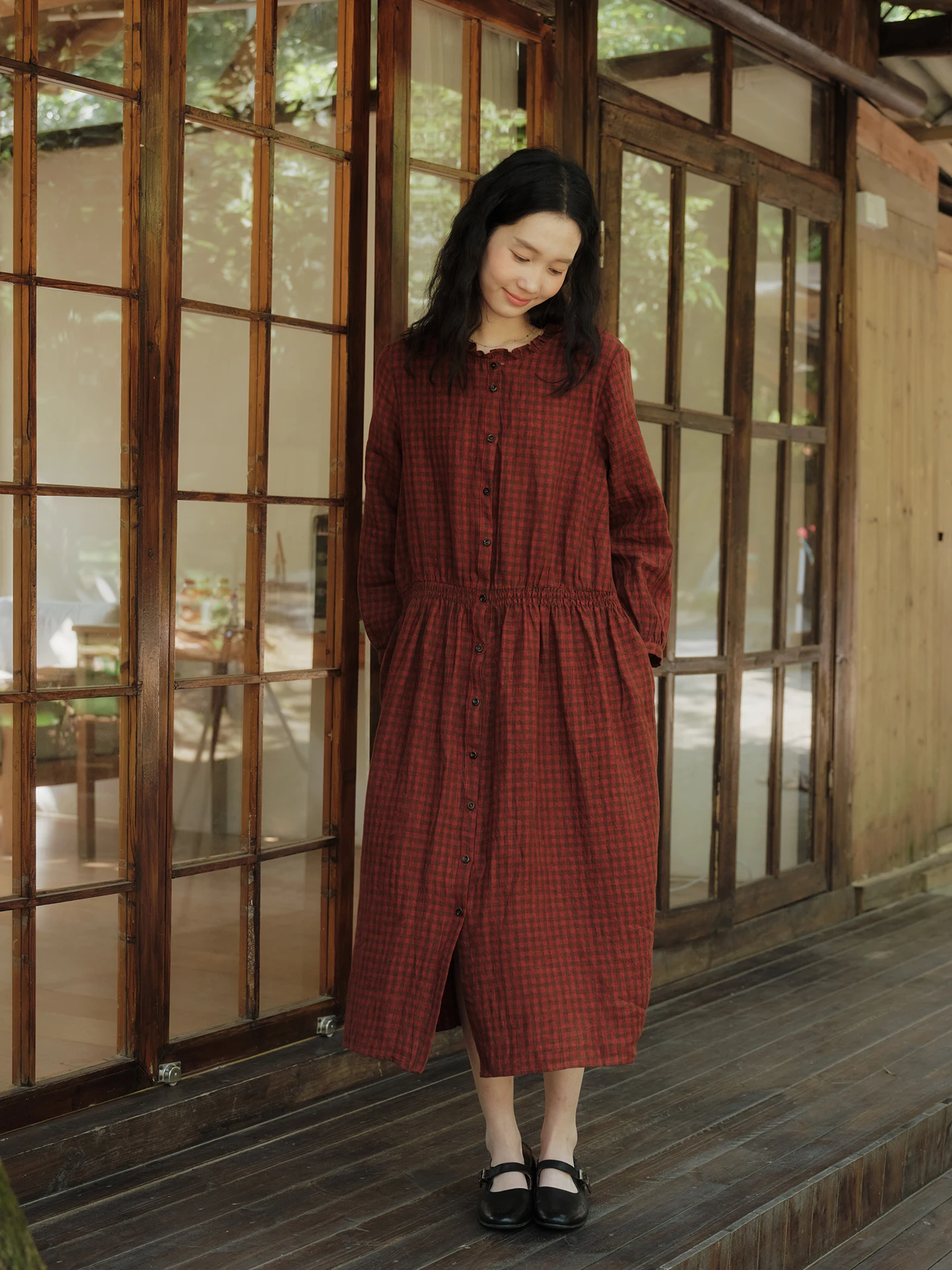 

Retro Red Plaid Long Sleeve Linen Dress Women's Spring Summer Loose Fit Button up H-Line Vintage Style Maxi Dress