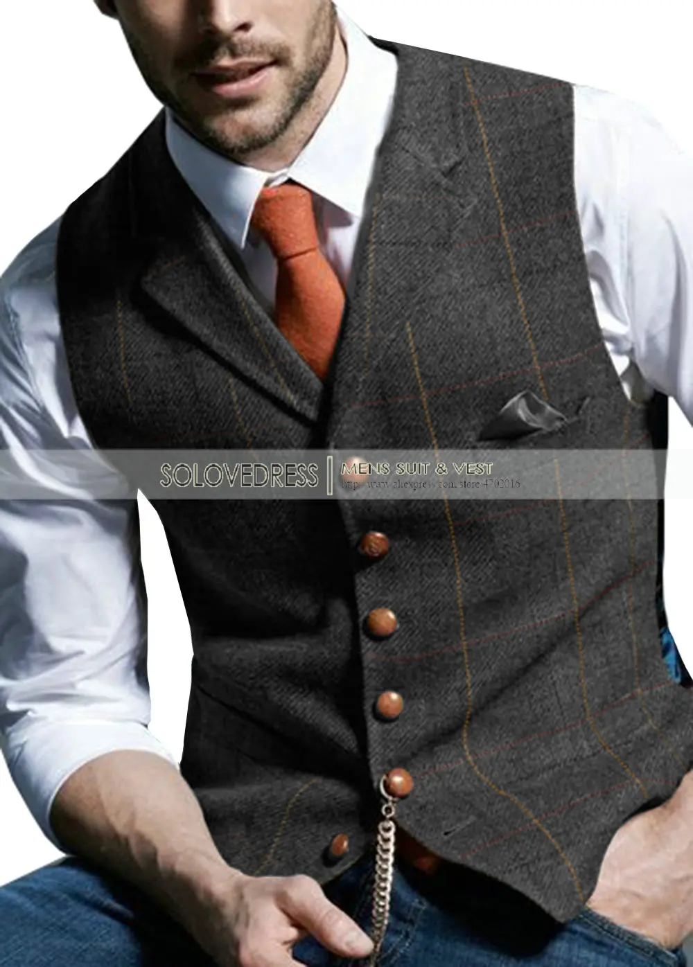 Men's Suit Vest Notched Plaid Wool Herringbone Tweed Waistcoat Casual Business Groomsmen For Wedding Green/Black/Green/Grey