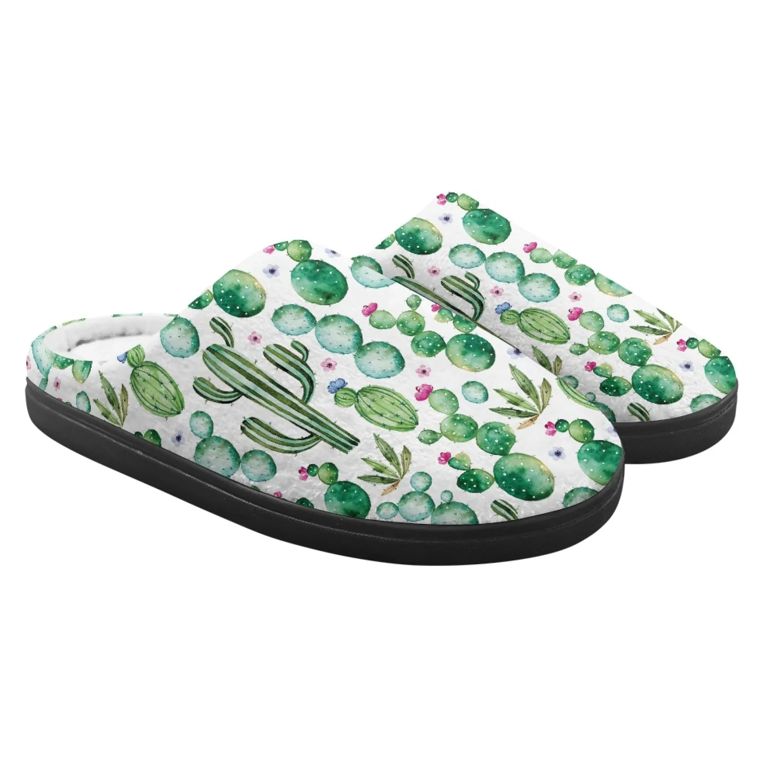 Cartoon Cactus Print Soft Plush Home Slippers For Kids Half Shoes For Boys Girls Mules Sandals Loafers Indoor Bedroom Slides