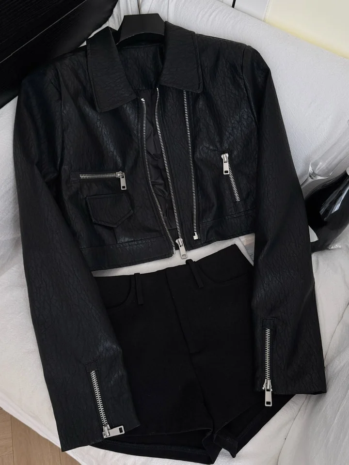 Vintage Sle Or Motorcycle Jaet Cappotto da donna in pelle PU Bla Doppia cerniera lusinghiero taglia cactta Faionable