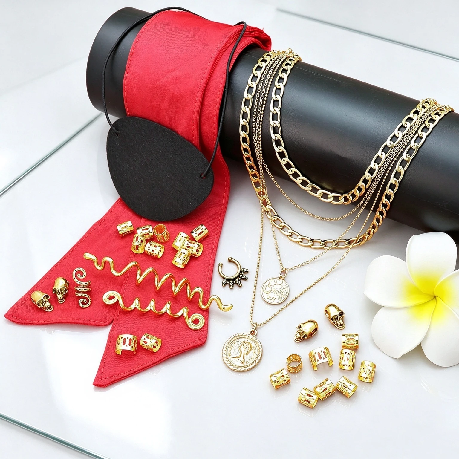 Viking Pirate Costume Accessories Layered Necklace Bandana Eye Patch Non Piercing Skull Nose Ring Hair Beard Man Cosplay Outfit