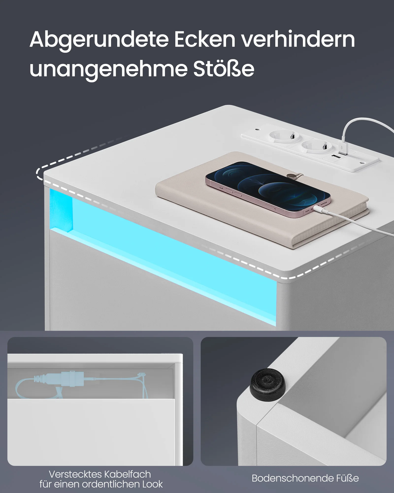 طاولة بجانب السرير مع إضاءة ليد قابلة للتعديل ، طاولة جانبية مع مآخذ ، درج ، 2 مآخذ تيار متردد ، 2 منفذ USB #2