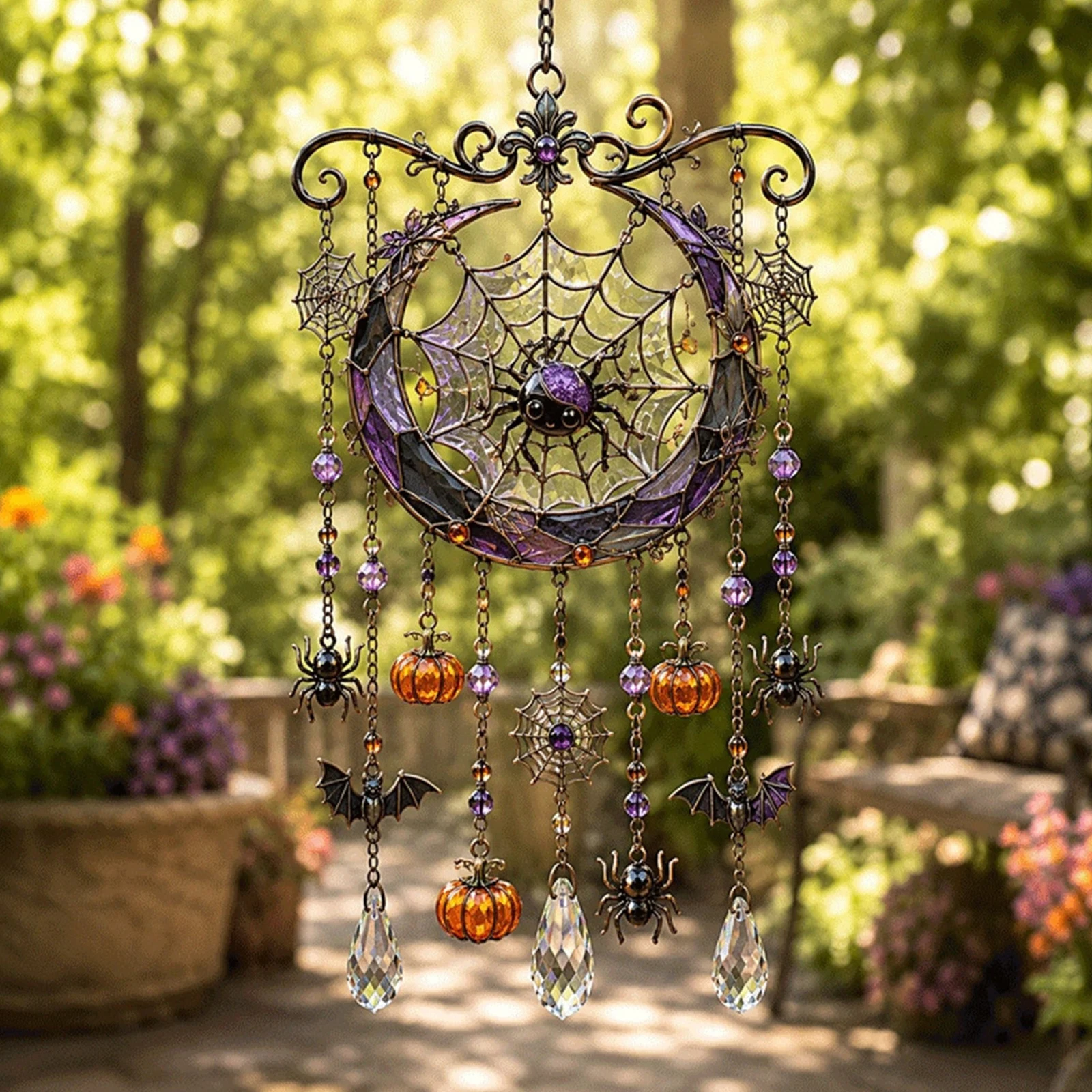 Halloween Suncatcher Acrylic Wind Chime Stained Glass Effect Ghost Pumpkin Bat Skull Decor Gift