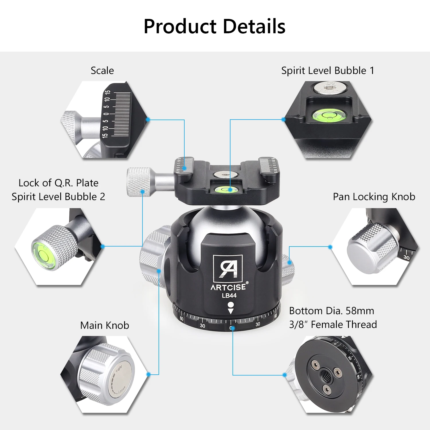 LB44 Low Profile Tripod Head 360° Panoramic Ball Head for Camera 44mm Big Ball Super Load 25Kg Capacity Lower Center of Gravity