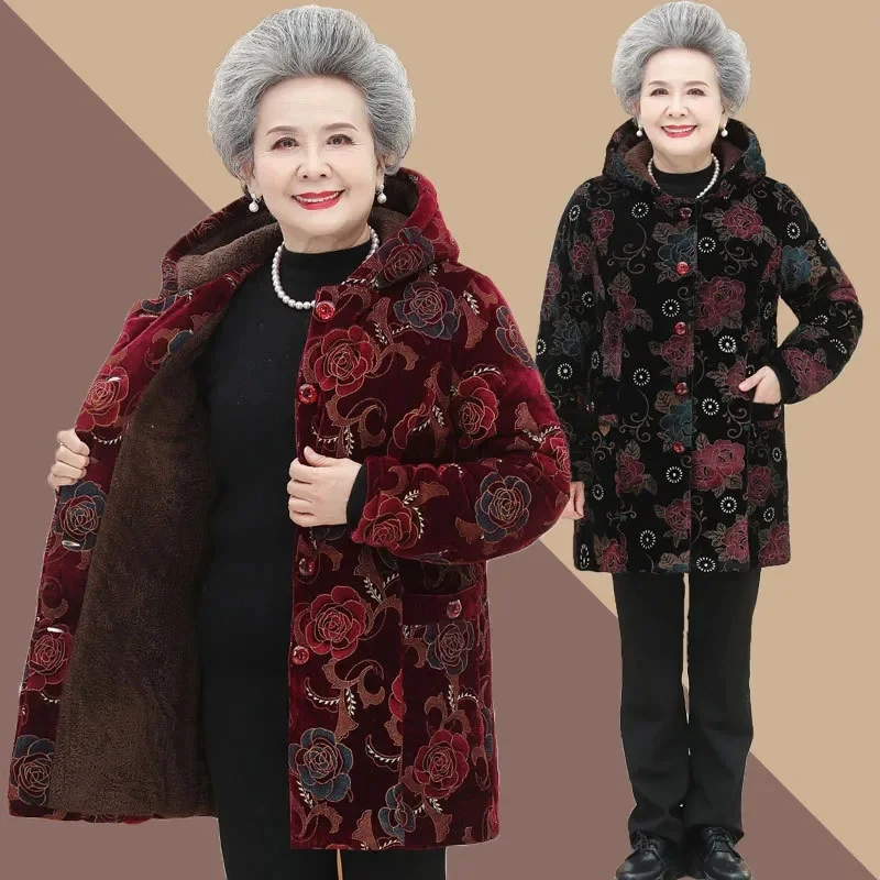 Women Cotton-Padded Coat Middle-Aged Elderly Mother Winter Clothes Women Parkas Velvet Thick Warm Quilted Jacket Outerwear 5XL