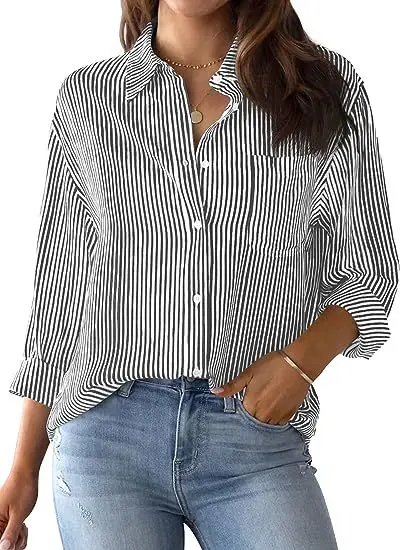 Women\'s Clothing 2024 Autumn New Striped Cardigan Pocket Single Breasted Top Loose Casual Long Sleeved Shirt For Women