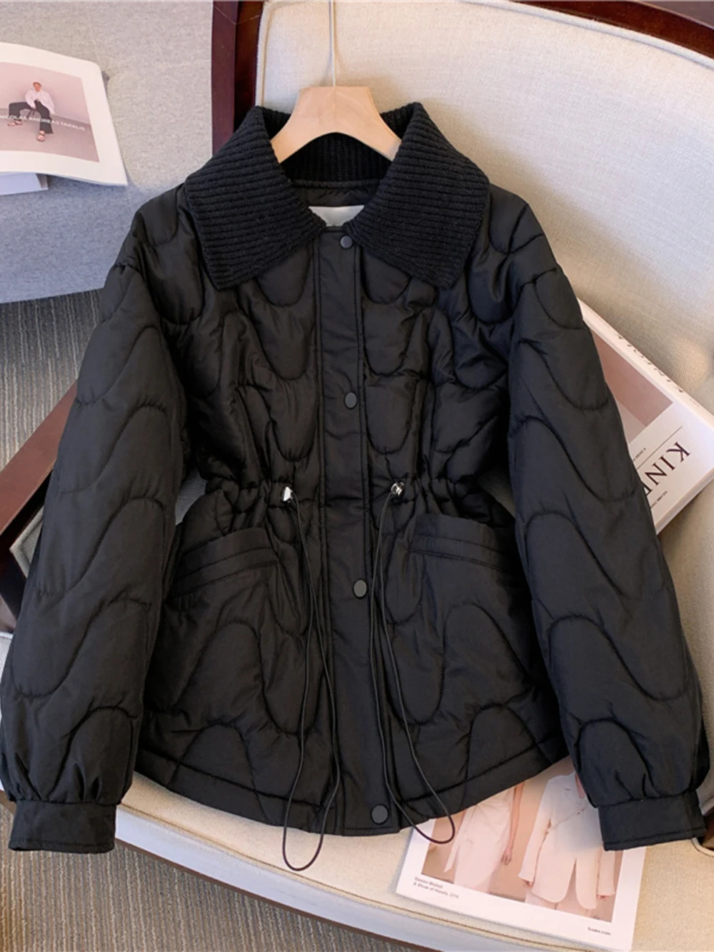 Oversized Down Cotton Jackets Women Fashion Drawstring Waist Quilted Jackets 2024 Winter Thick Warm Padded Coats Outerwear