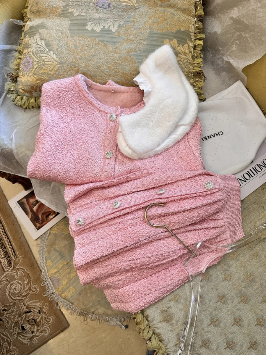 2024 Early Spring New Christmas Style Pink Fur Collar Long Sleeve Gentle Knitting Suit Short Girl Style Top Fashion Dress Sets