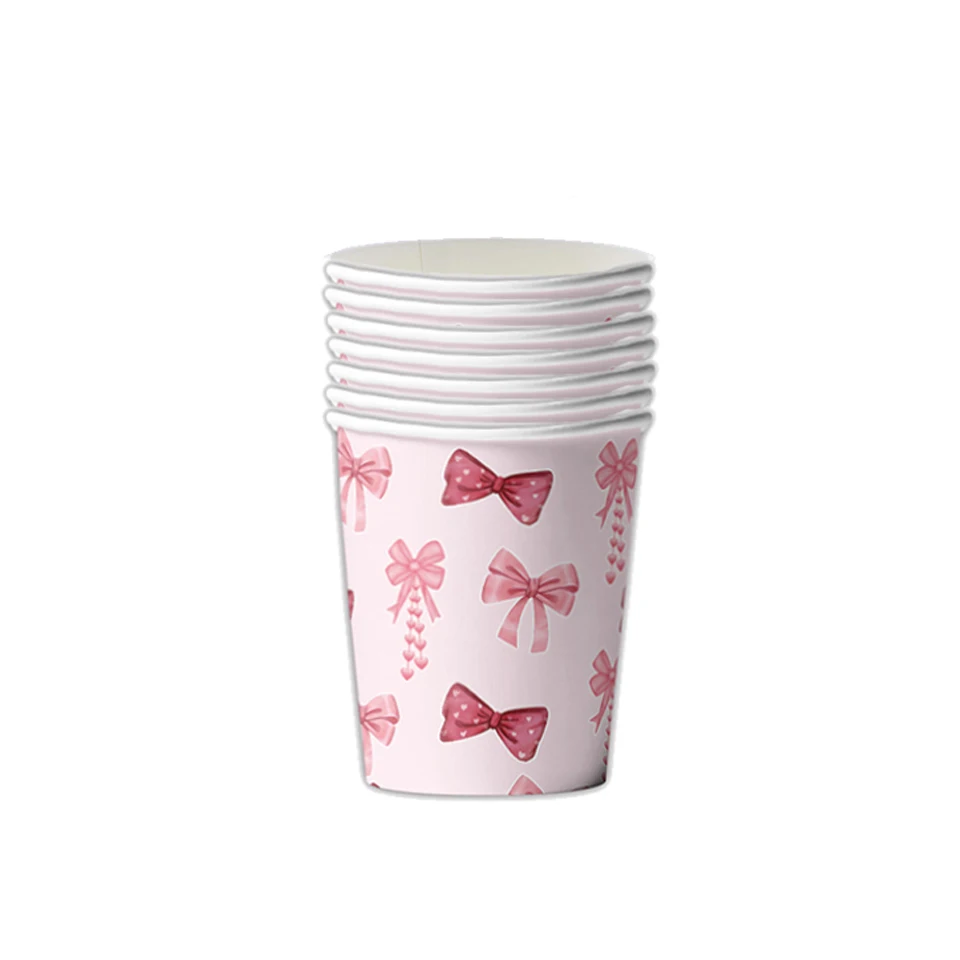 10/20/30/40/50/60 Pcs Pink Bow Disposable Paper Cups Pink White Drinking Cups Wedding Birthday Baby Shower Bow Party Supplies