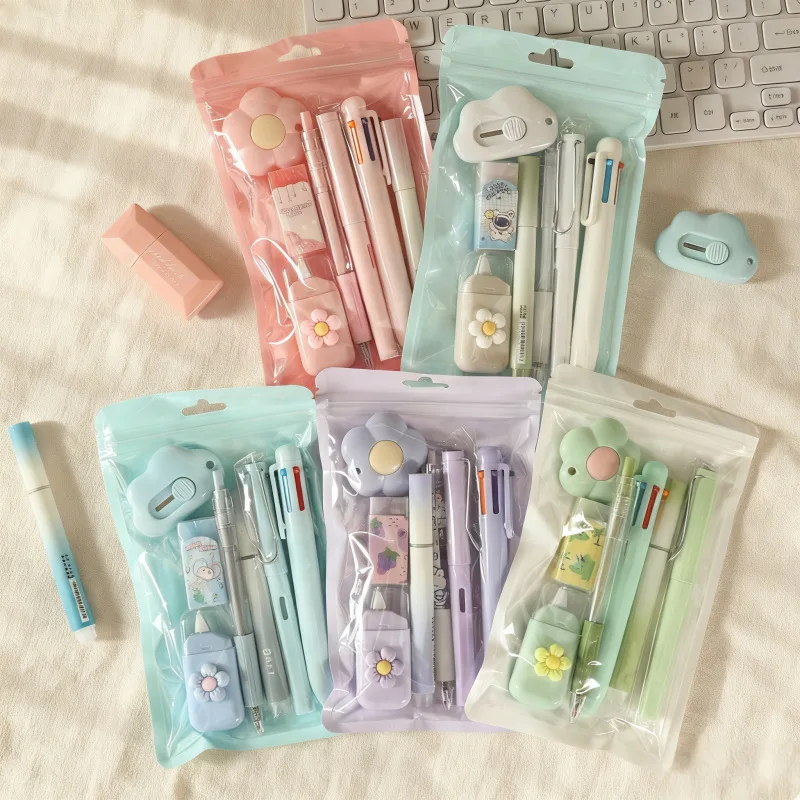 

Набор канцелярских принадлежностей 7-в-1 для студентов: гелевая ручка, маркер, шариковая ручка, вечный карандаш, корректирующая лента, ластик, набор ножей