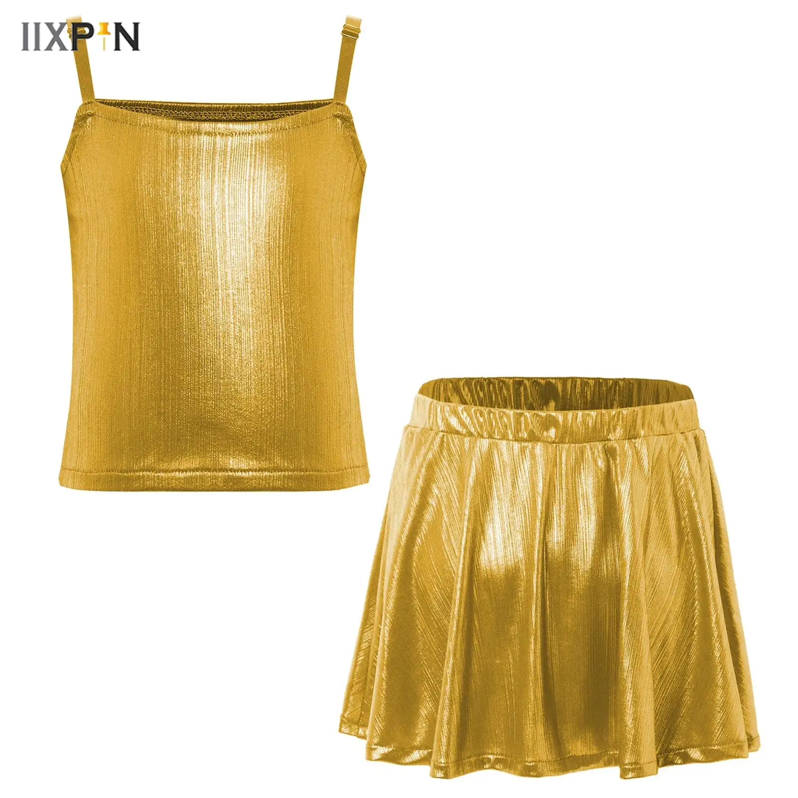 

Kids Girls Jazz Dance Costumes 2Pcs Adjustable Straps Metallic Camisole Crop Top Vest+Shimmery Ruffled Skirt Carnival Dancewear