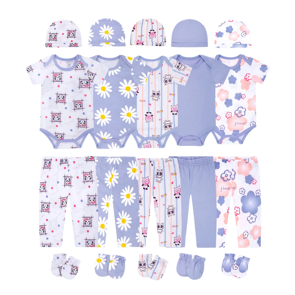JY.COZY 20-Pack Unisex Newborn Layette Essentials Giftset Infant Bodysuit Pants Hats Mittens Set Soft Cotton No Zipper Snap Closure Machine Washable Baby Clothes for Home Sleep Outing Purple Daisy Cat Owl