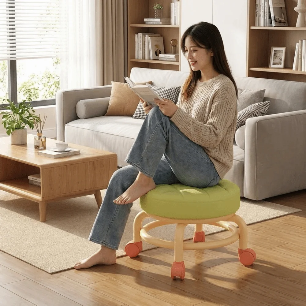 Round Shape Sliding Wheel Stool Padded Seat Universal Wheel Low Stool Solid Frame Contrasting Color Multifunctional Stool