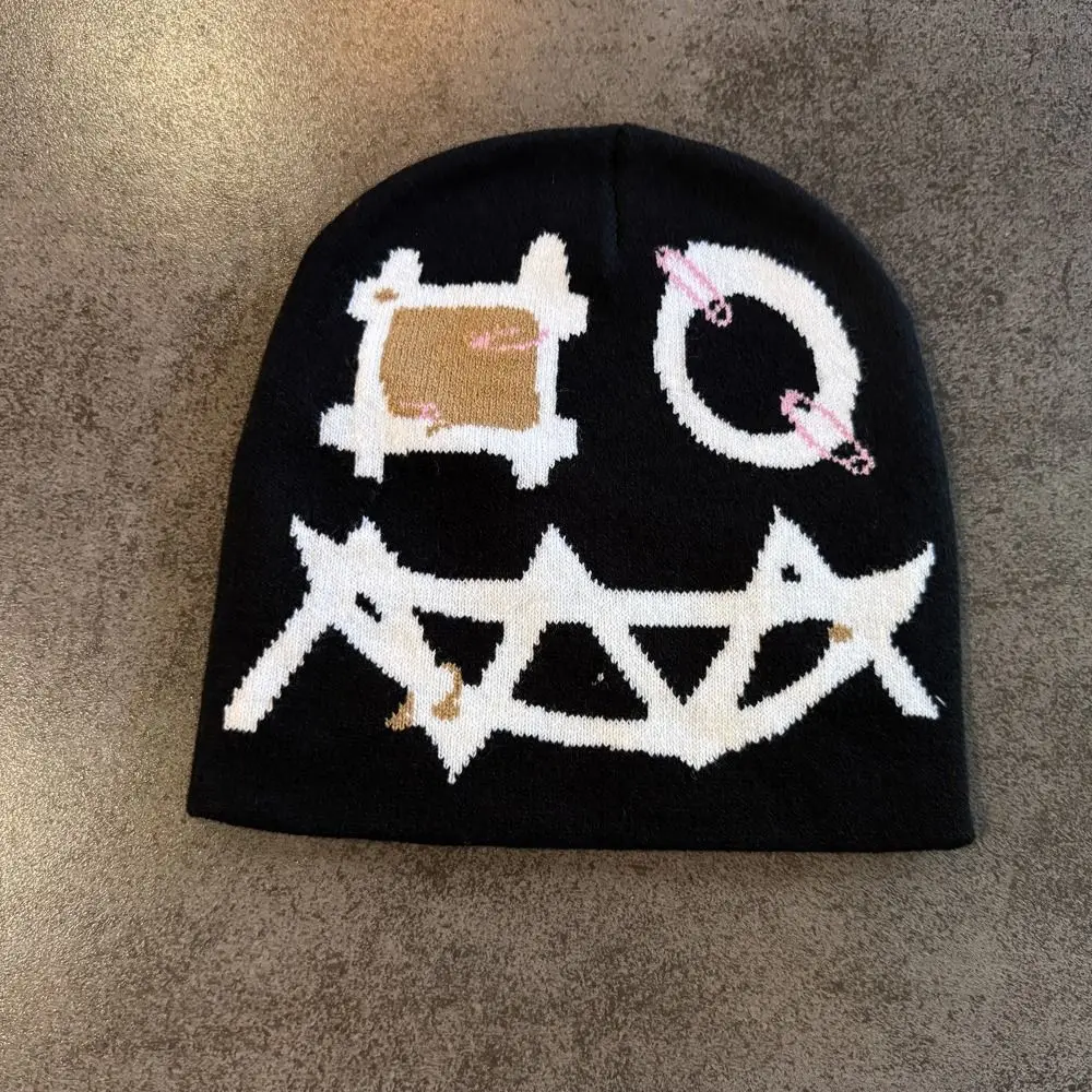 Printed Pattern Printed Pin Beanie High Elasticity Winter Warmth Ghost Mask Cap Acrylic Yarn Flat Design Demon Face Hat