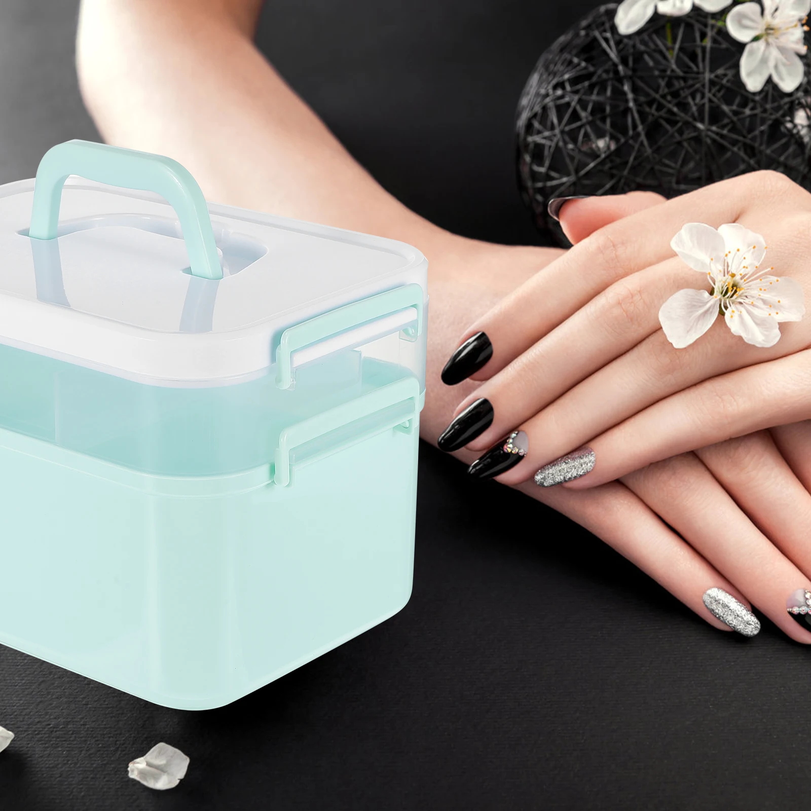 1 Stück Nagelkunst-Zubehörbox, tragbar, doppellagig, Aufbewahrung für Maniküre-Werkzeuge, für den Heimgebrauch und im Salon, Nagellack-Organizer-Etui