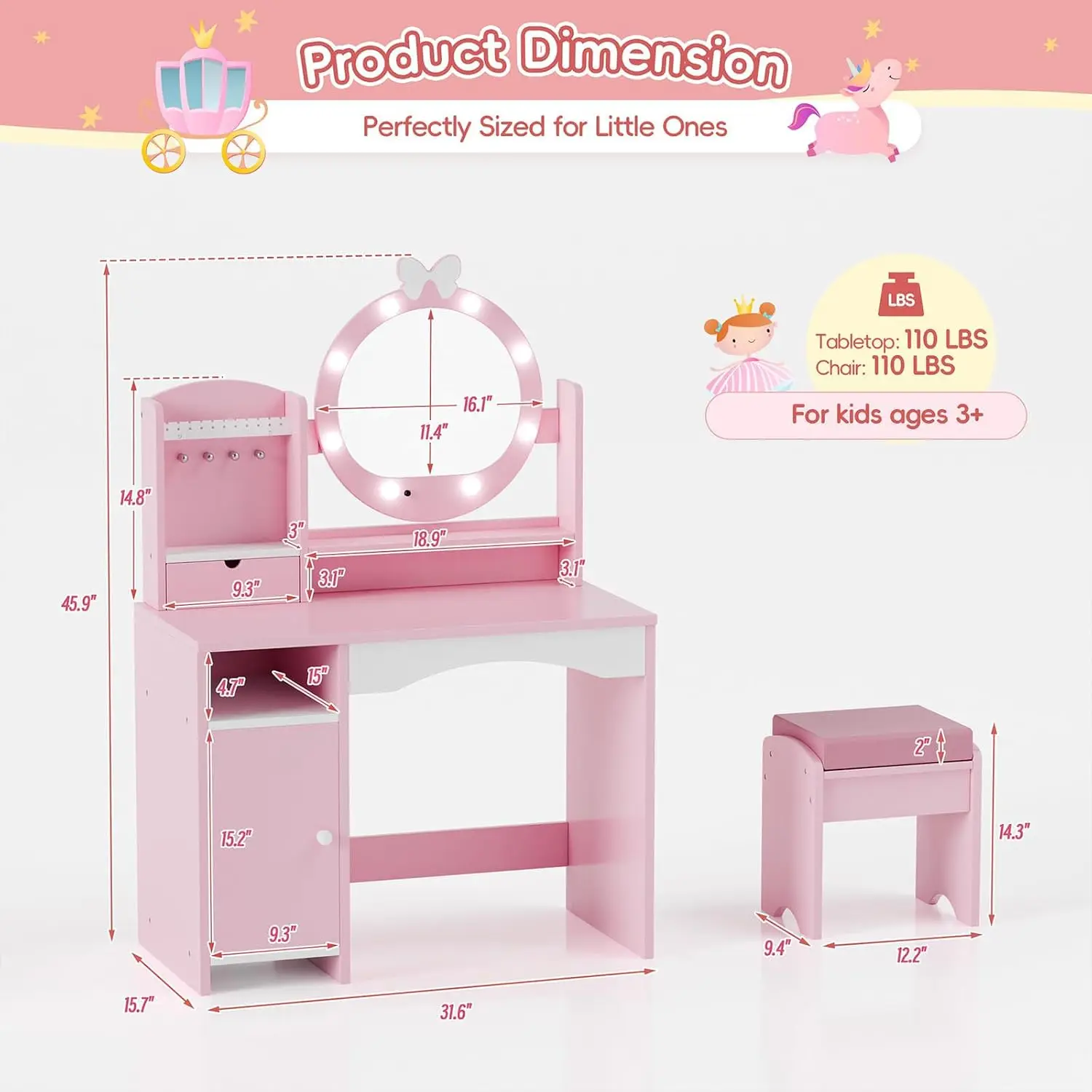 Kids Vanity Set with Lighted Mirror Jewelry Storage Cushioned Stool Toddler Makeup Desk for Girls, Customized