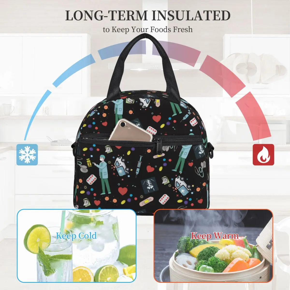 Portable Insulated Thermal Food Picnic Lunch Bag With Should Strap Box Tote Nurse Print Food Fresh Cooler Pouch Women Children