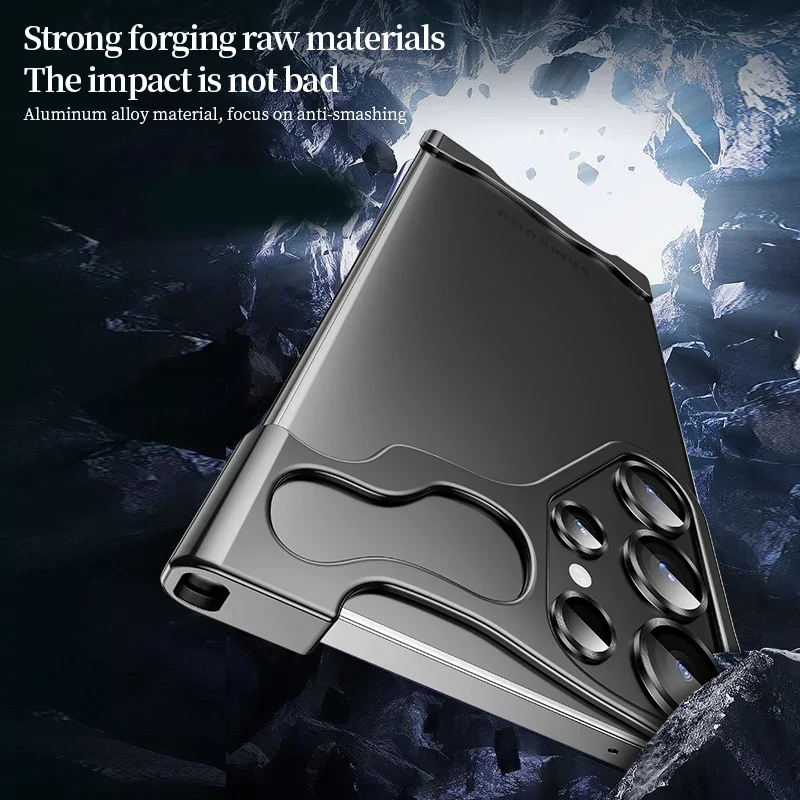 Aluminum Metal Rimless Phone Case for Samsung Galaxy, Ultra Lens Protective Film, Hollow Logo Cooling, Anti-drop Case, S24, S23