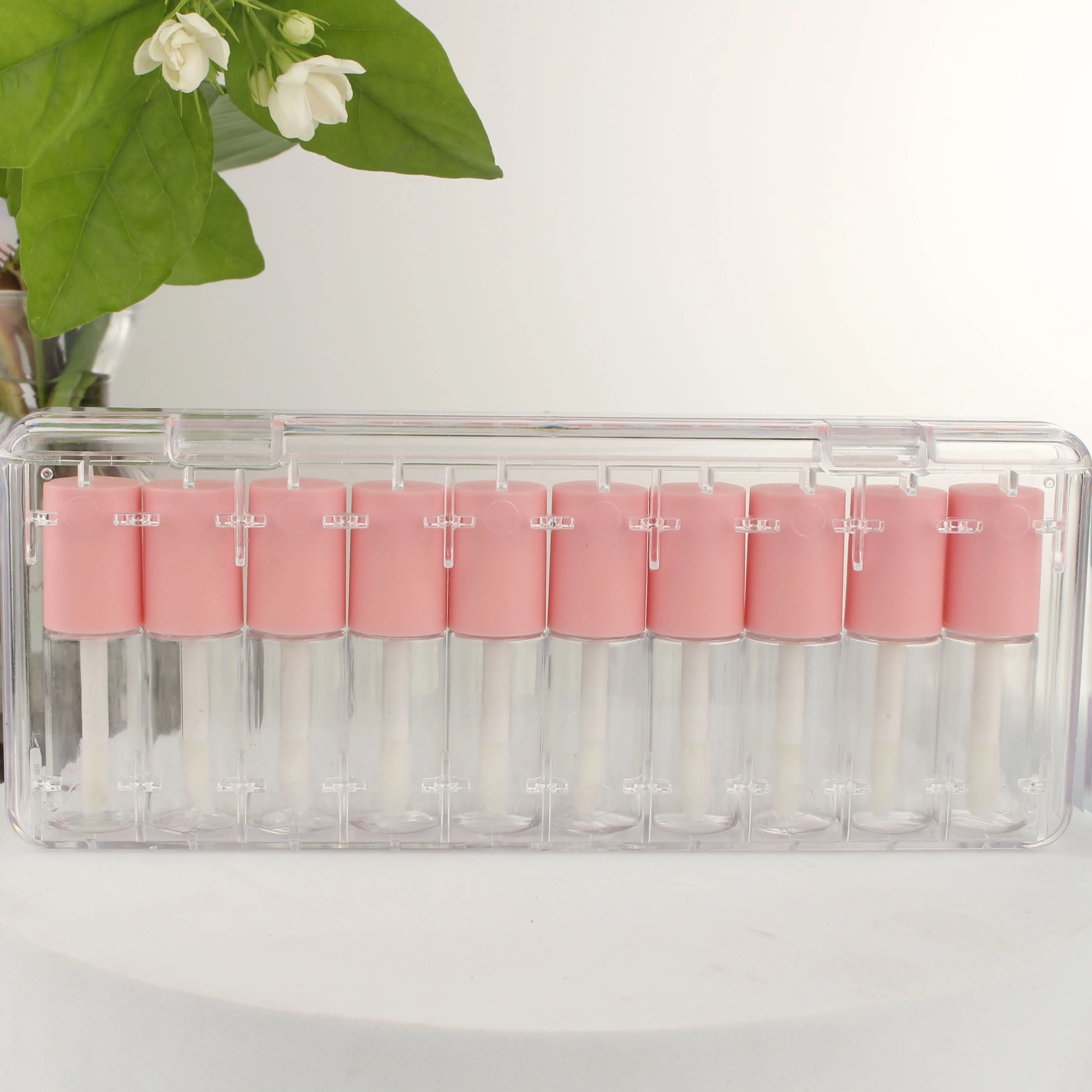 1 Box of 10 Empty Plastic Round Pink mini 4ml Empty Lip Gloss Tubes With Wand Container Bottle lipgloss Sample Bottle Lipstick