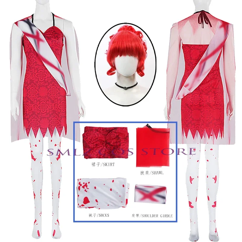 Miss Argentina Cosplay Anime Beetleguese Costume Red Dress Cloak Wig Sexy Women Suit Halloween Party Outfit for Woman