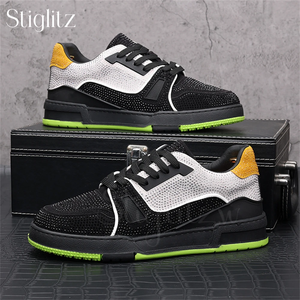 

Luxury Rhinestone Mixed Color Sneakers Designer Style Fashion Business Casual Shoes Comfortable Lace-Up Soft Leather Men's Shoes